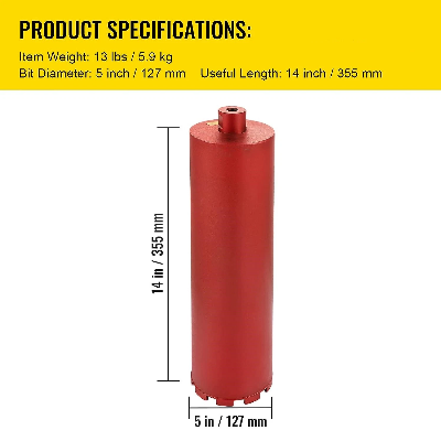 Diamond Core Drill, 5"/127mm Diameter Core Drill Bit, 14"/355mm Concrete, 5/8"-11 Thread Core Drill Bit